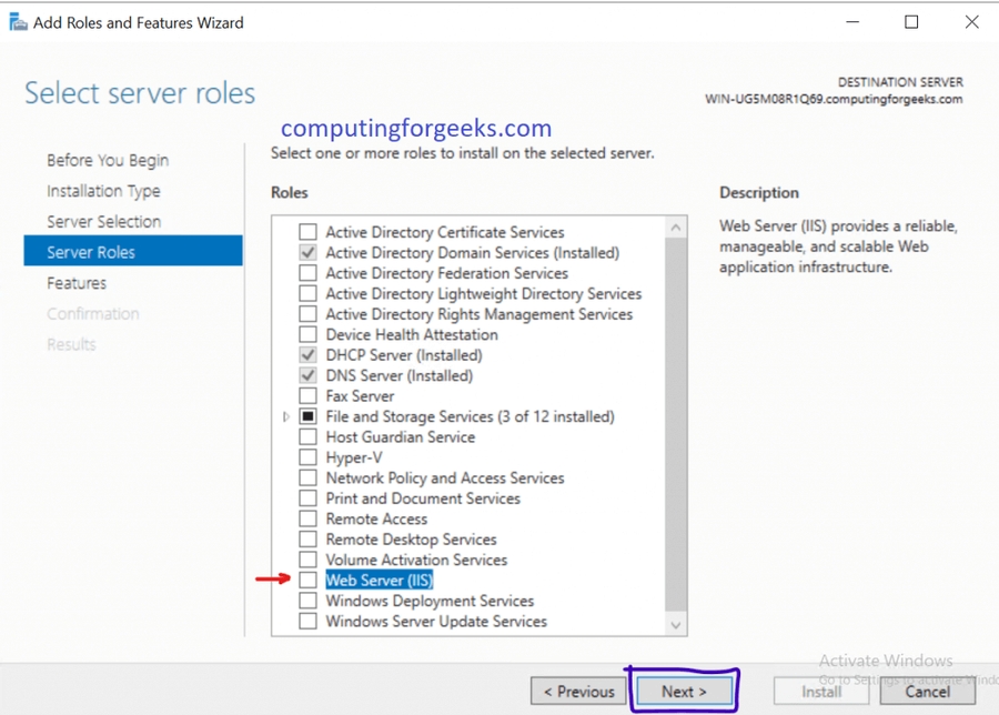 iis select Web server iis